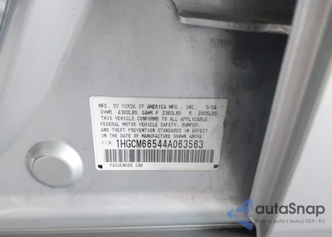 2004 Honda Accord 3.0 Ex из США, поврежденный, VIN 1HGCM66544A063563